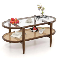 Load image into Gallery viewer, 2-Tier Oval Boho Coffee Table with Tempered Glass Top, Rattan Shelf &amp; Acacia Wood Frame, Mid Century Modern Center Table for Living Room Office