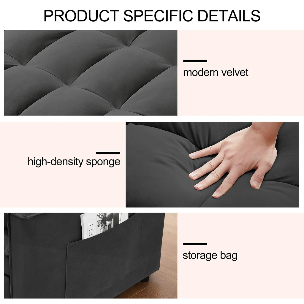 Convertible Sofa Bed, 3 - in - 1 Sleeper Sofa with Pull Out Bed, Sleeper Futon Couch Loveseat with Adjsutable Backrest and Pillows for Living Room, Black