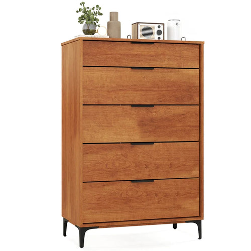 Mid Century Modern 5-Drawer Dresser, Wooden Chest of Drawers with Interlock System, Anti-Tip Kit & Metal Legs for Bedroom, Living Room, Hallway