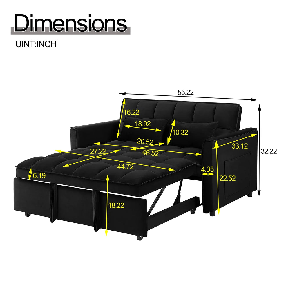 Convertible Sofa Bed, 3 - in - 1 Sleeper Sofa with Pull Out Bed, Sleeper Futon Couch Loveseat with Adjsutable Backrest and Pillows for Living Room, Black
